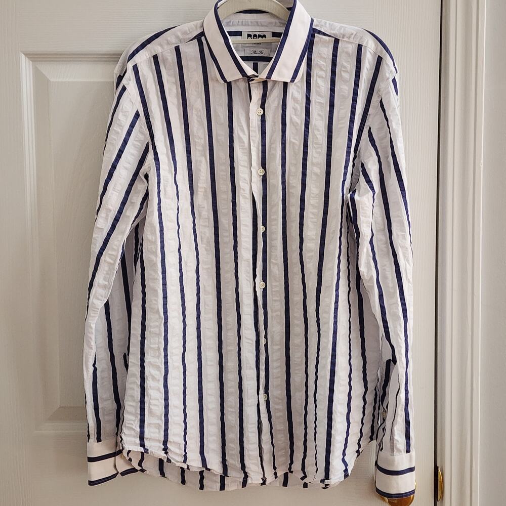 Men's Button Up Seersucker Shirt 16.5/ IT 42 Slim Fit Blue White Stripe